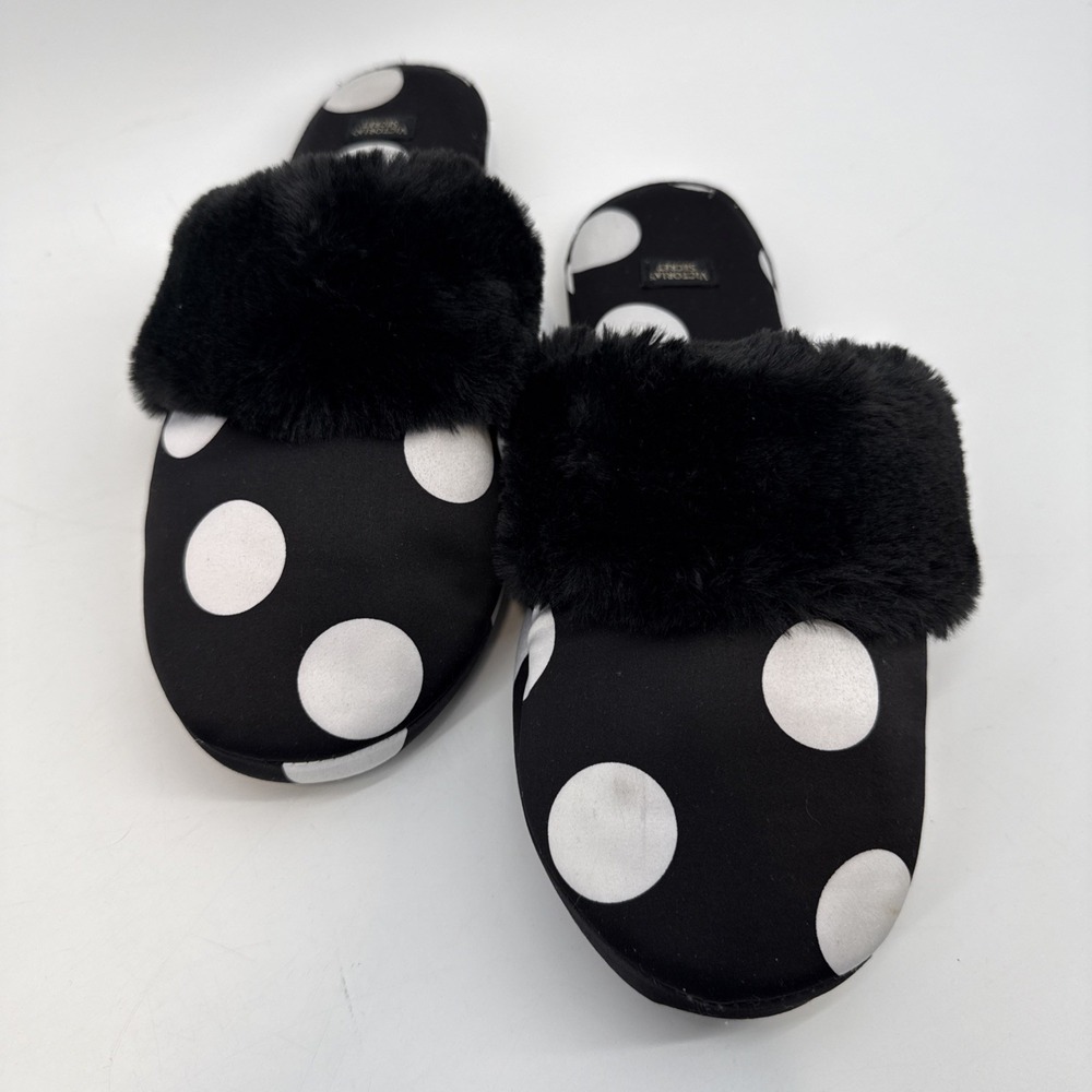 VICTORIAS SECRET SIGNATURE SATIN SLIPPERS Size‎ L Black/ White Polka Dot